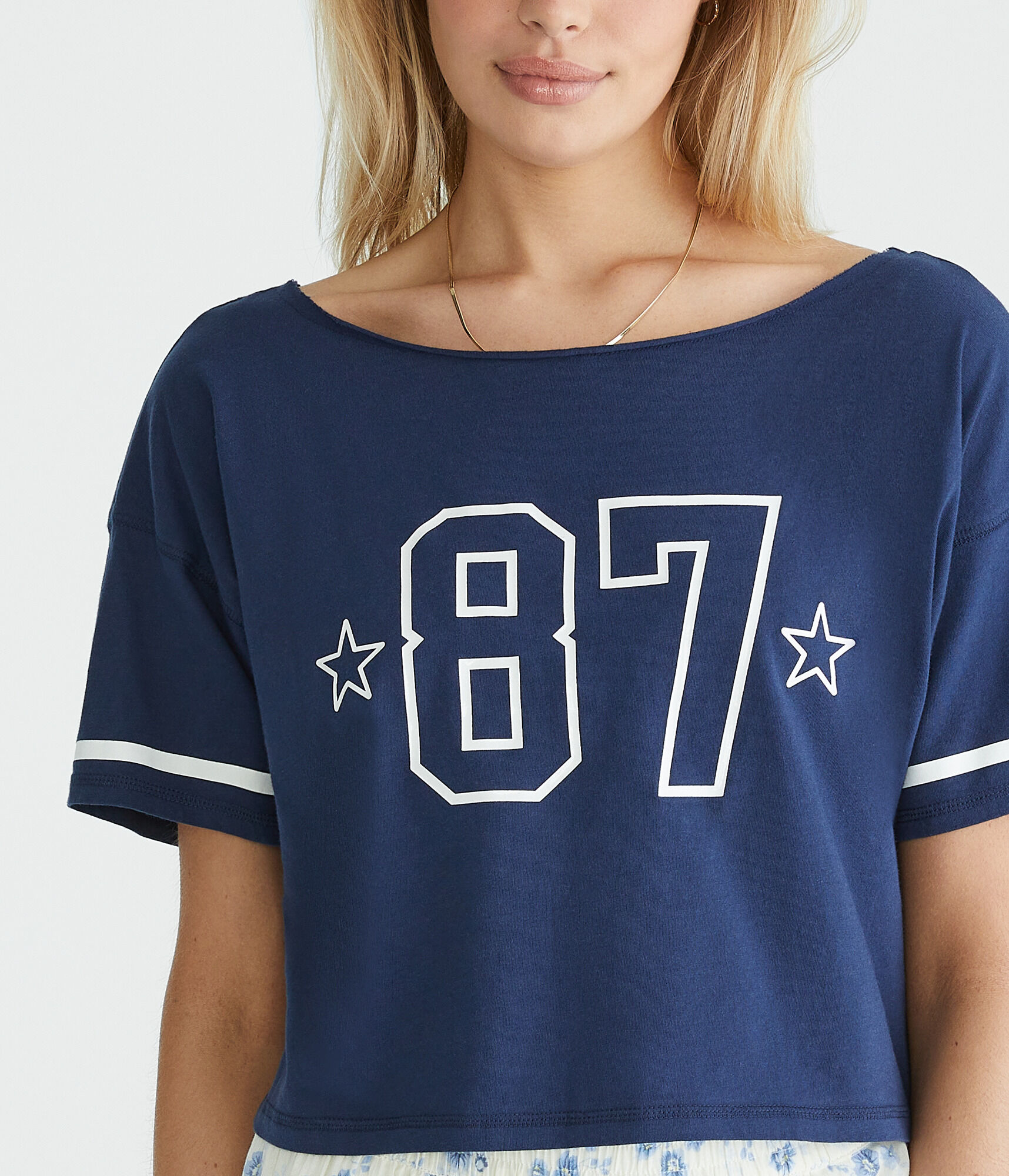 Number 87 Off-The-Shoulder Cropped Boyfriend Graphic Tee