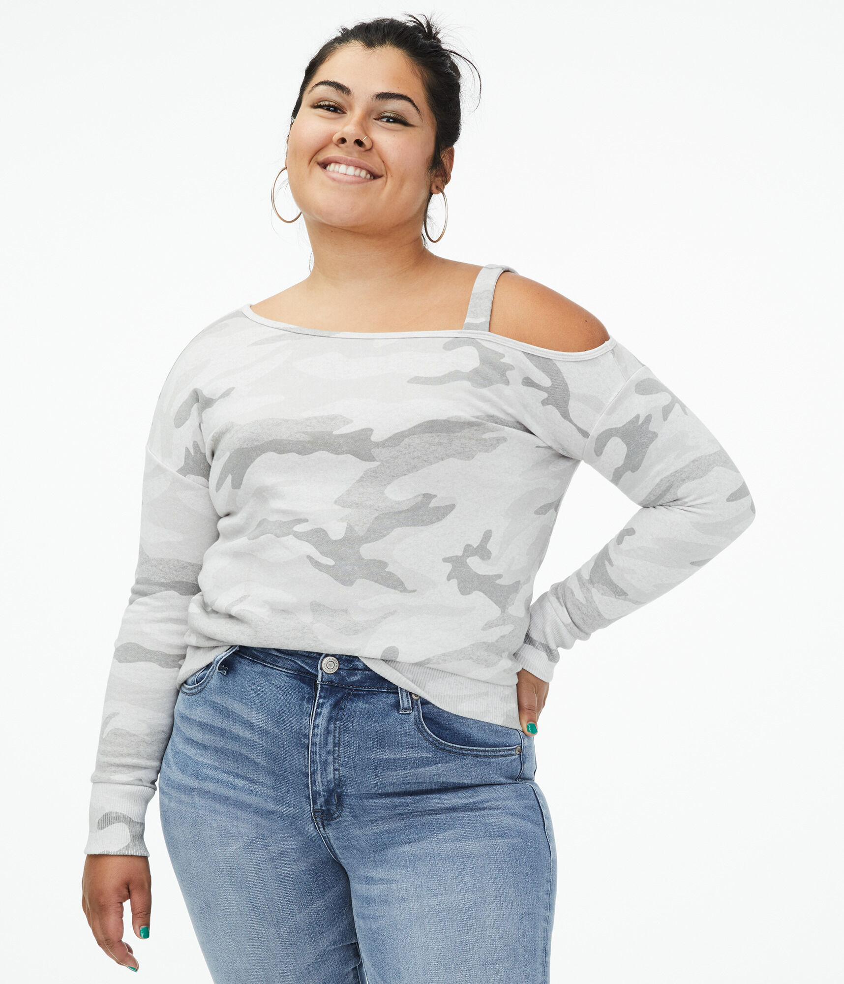 Camo One Shoulder Pullover Sweatshirt