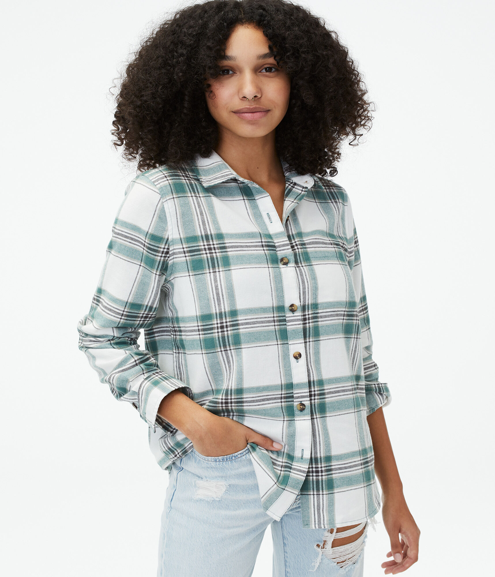 Long Sleeve Plaid Flannel Boyfriend Button-Down Shirt