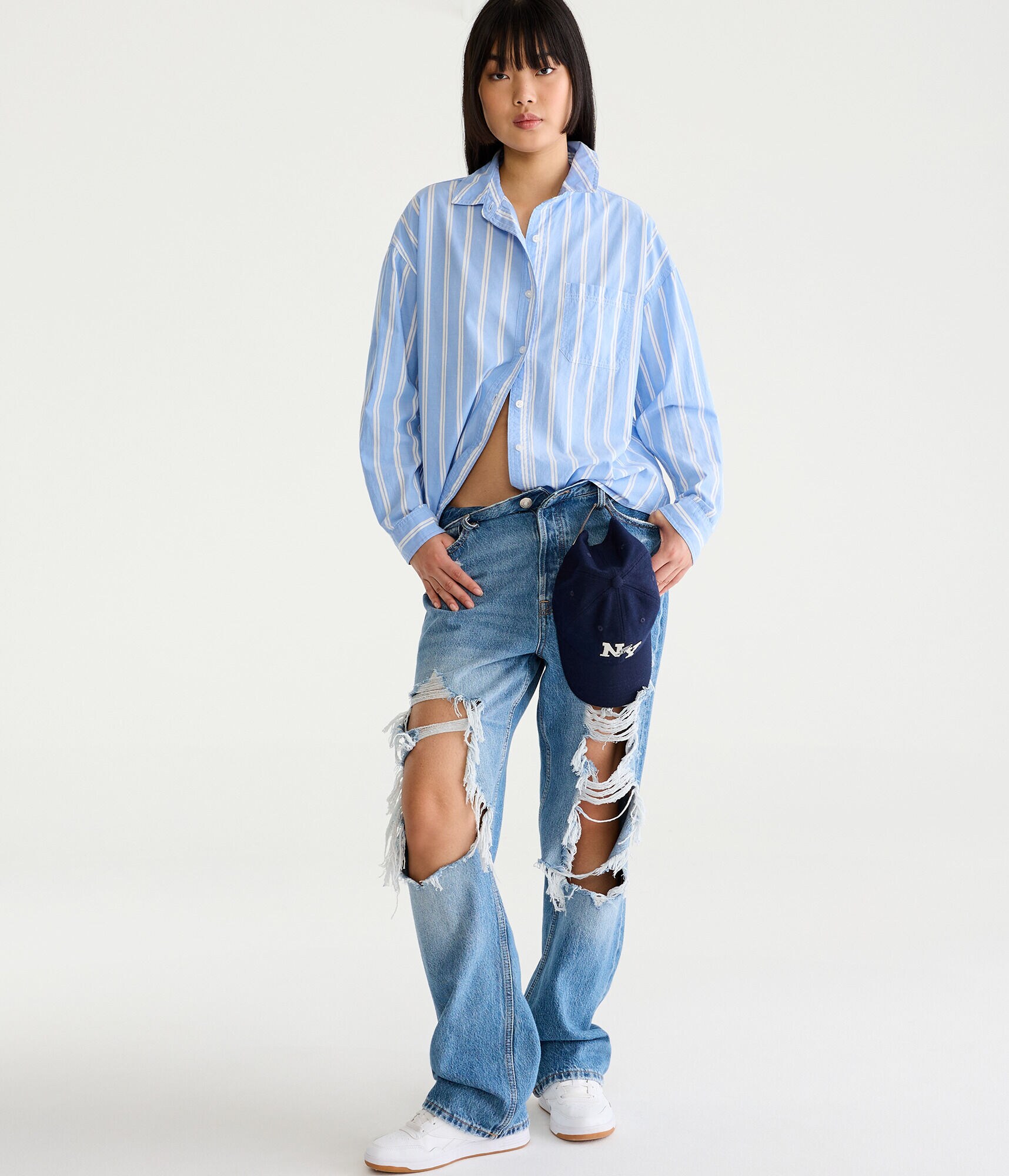 Long Sleeve Oversized Vertical Stripe Button-Down Shirt