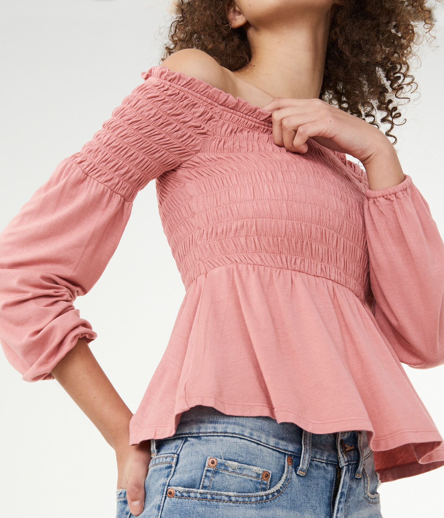 Long Sleeve Solid Smocked Off-The-Shoulder Top