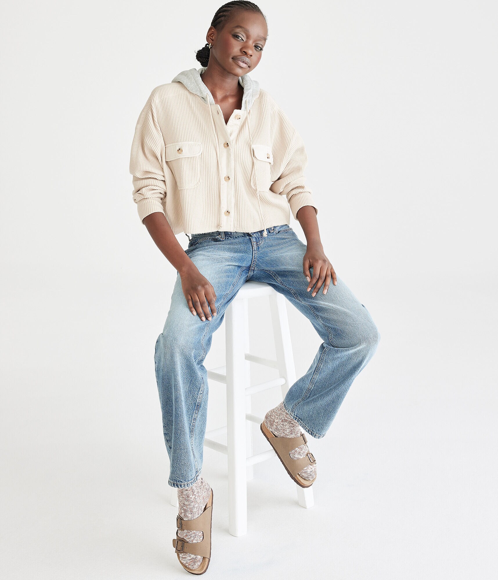 Hooded Waffle-Knit Cropped Jacket