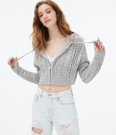 Cable-Knit Hooded Full-Zip Cropped Cardigan