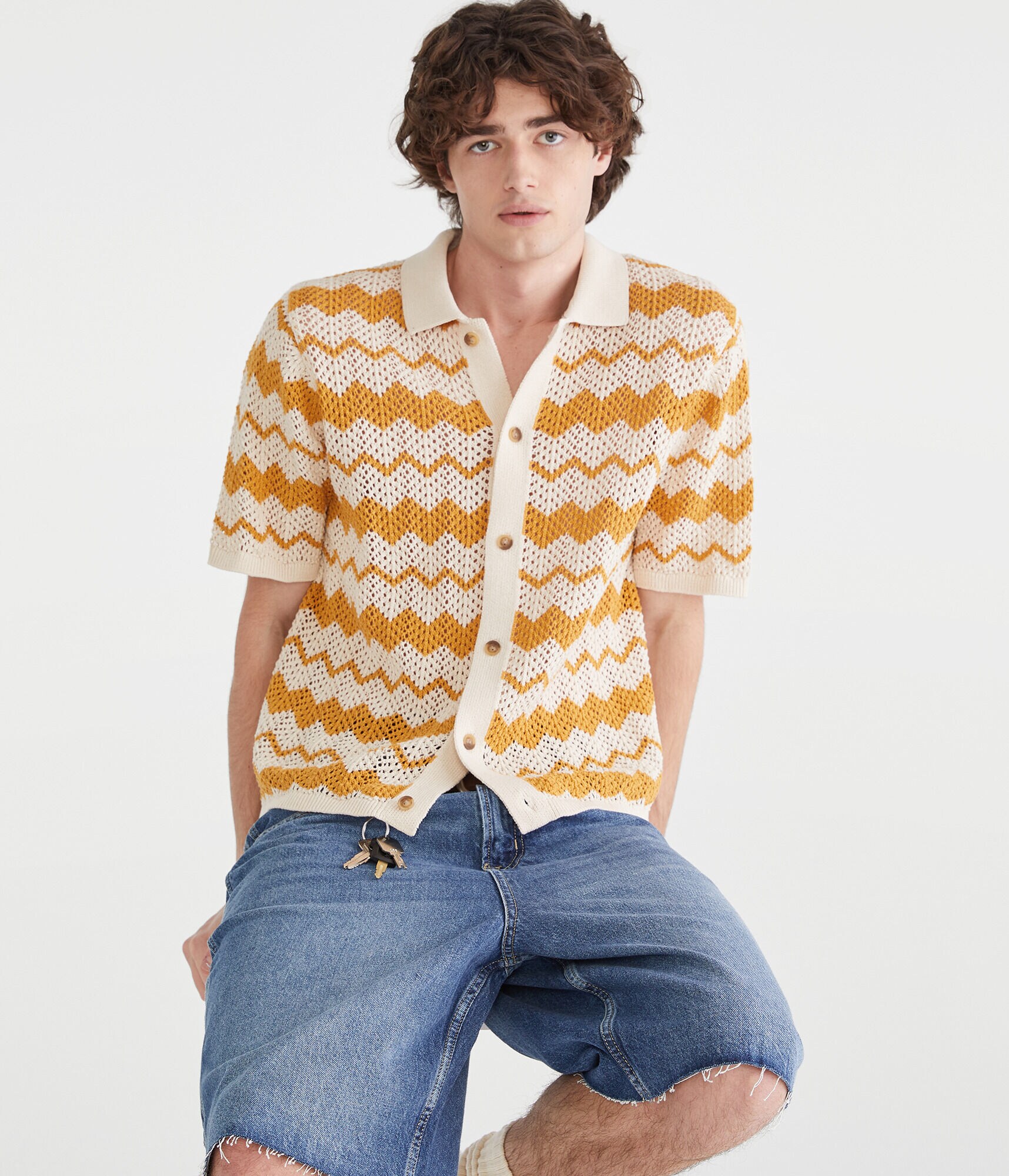 Chevron Crocheted Buttoned Sweater Polo