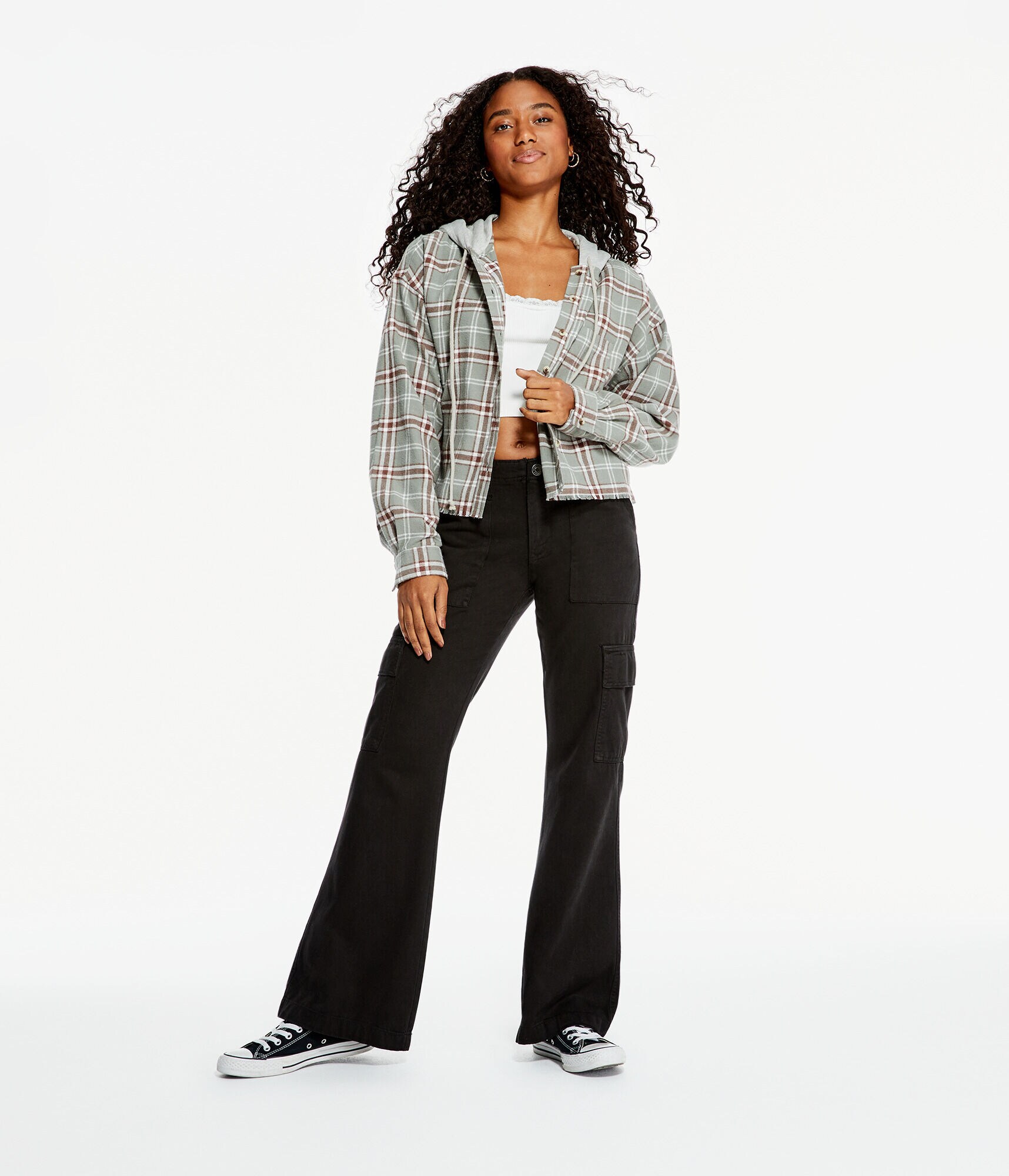 Long Sleeve Plaid Hooded Button-Down Shirt