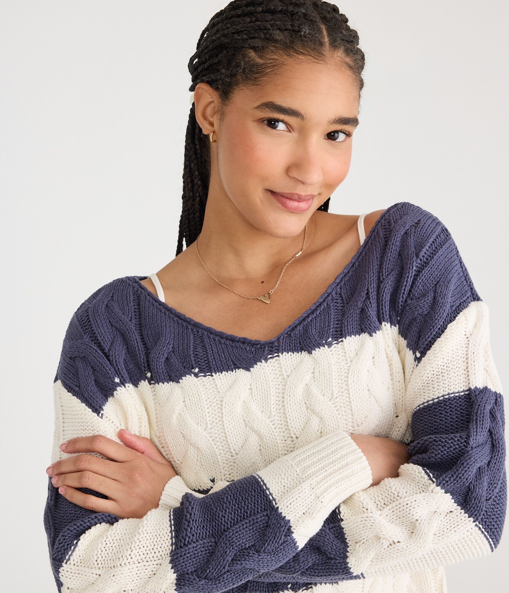 Striped Slouchy Cable V-Neck Sweater