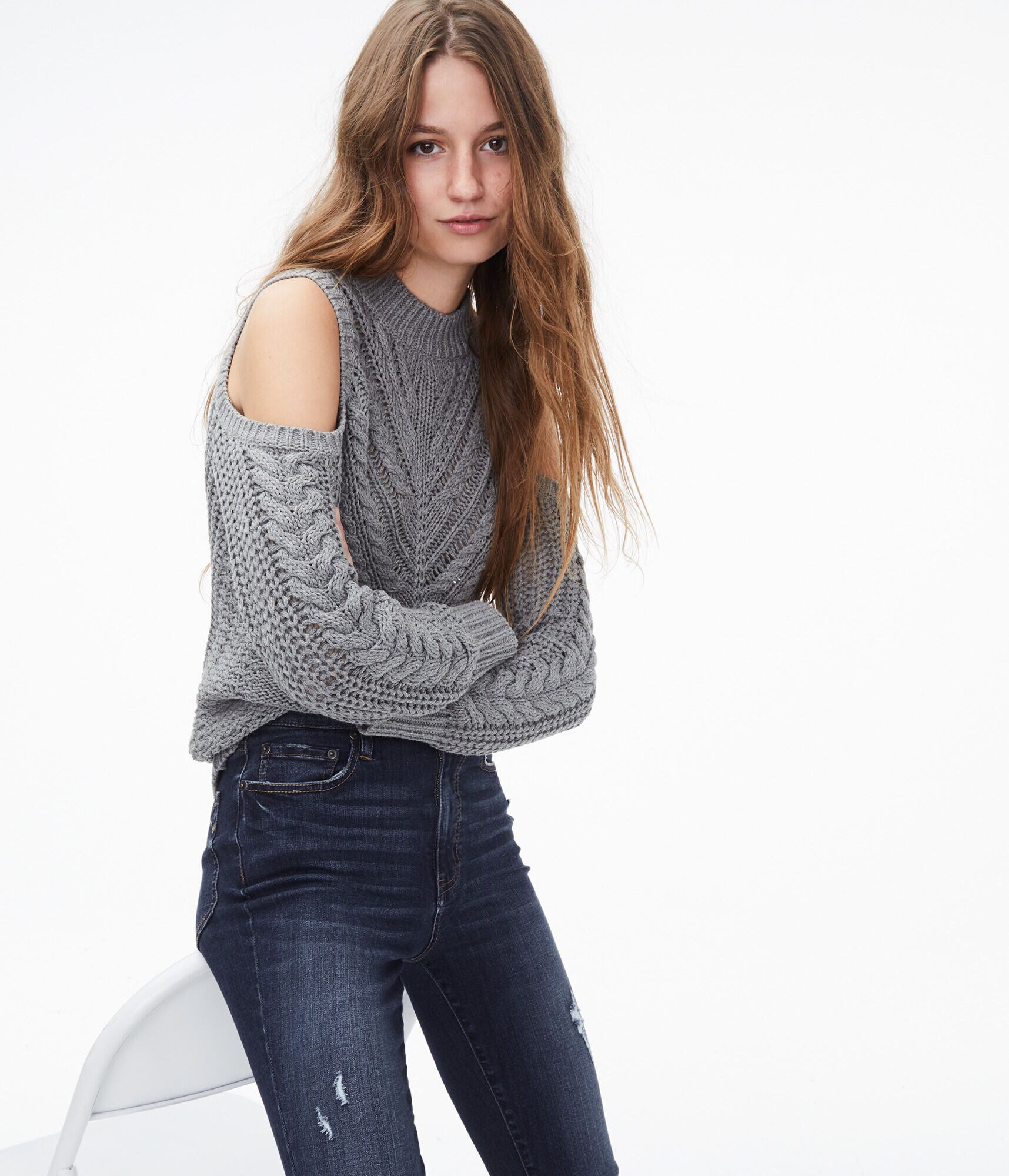 Cable-Knit Cold-Shoulder Sweater