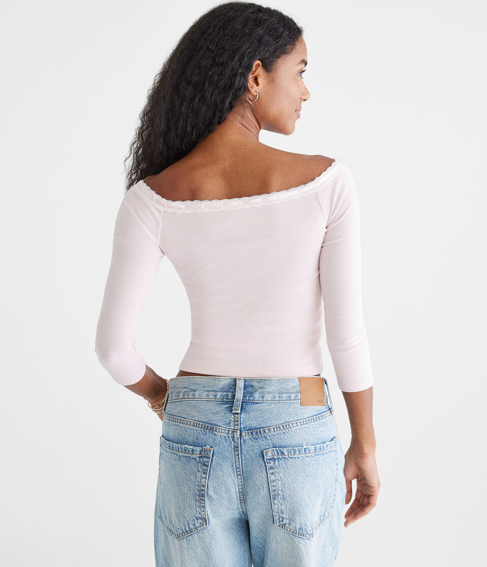 3/4 Sleeve Ribbon Off-The-Shoulder Tee