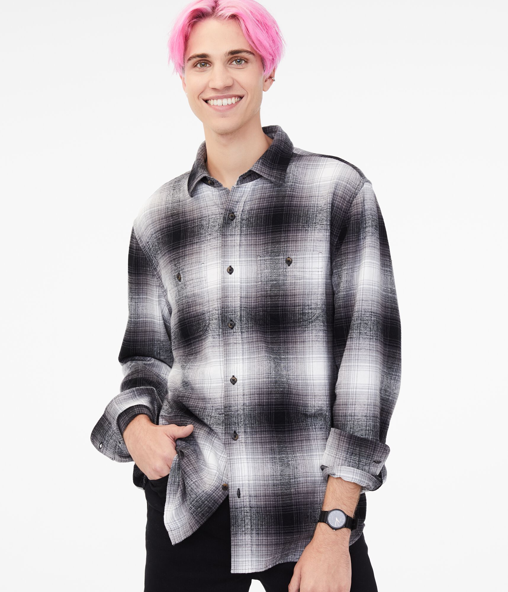 Long Sleeve Blurred Plaid Button-Down Shirt