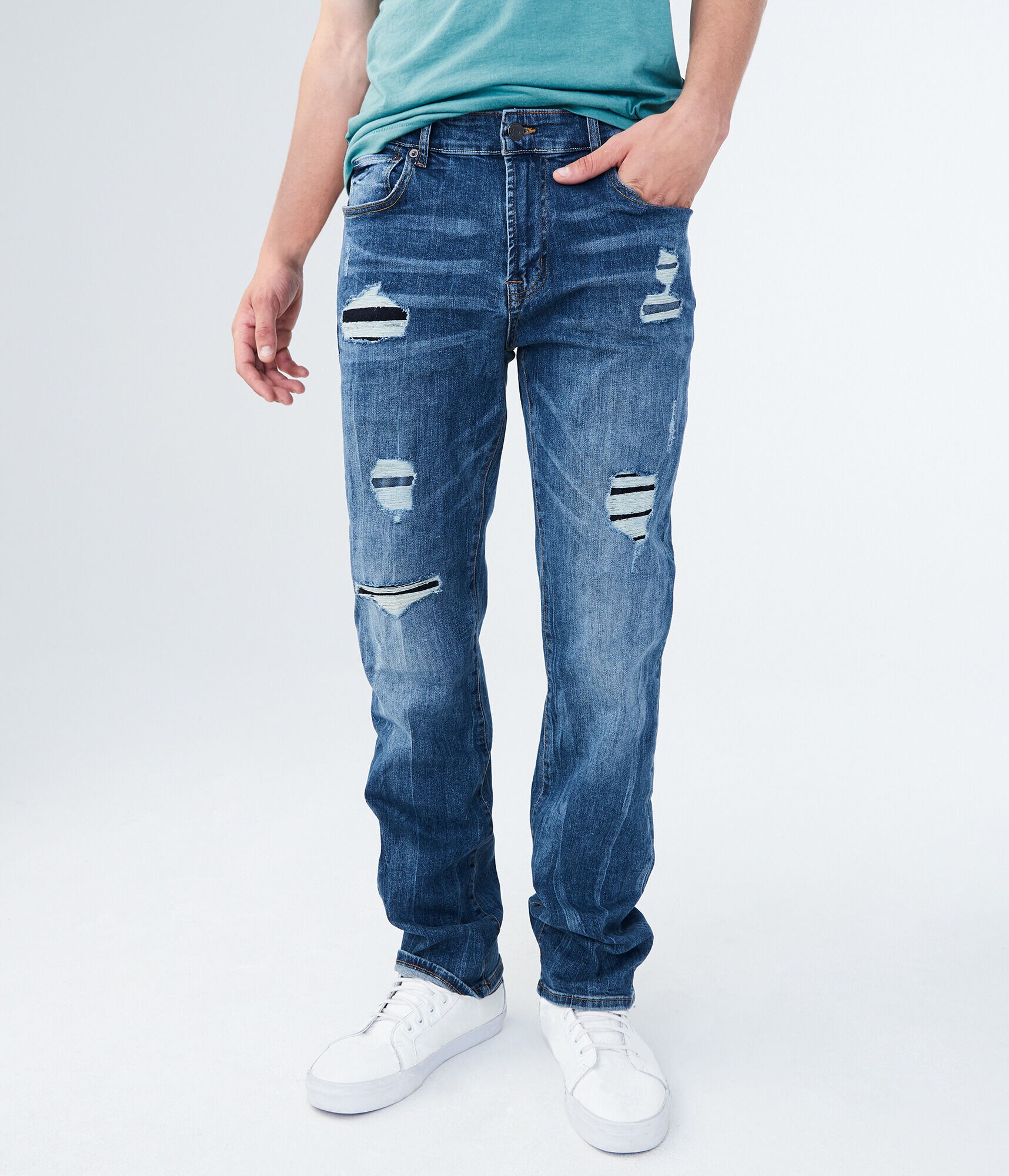 Straight Medium Wash Destroyed Stretch Jean