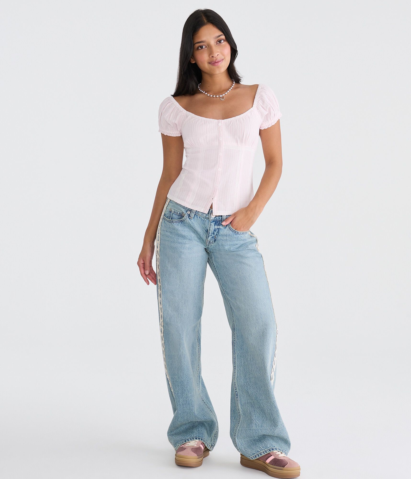 Striped Button-Front Scoop-Neck Blouse