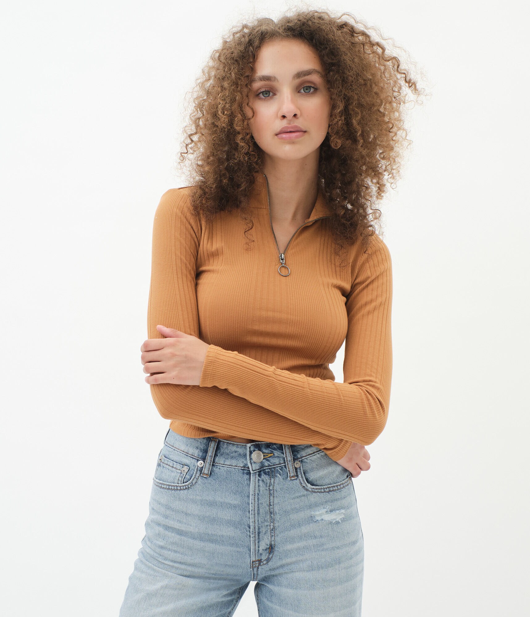 Long Sleeve Zippered Mock-Neck Bodycon Top