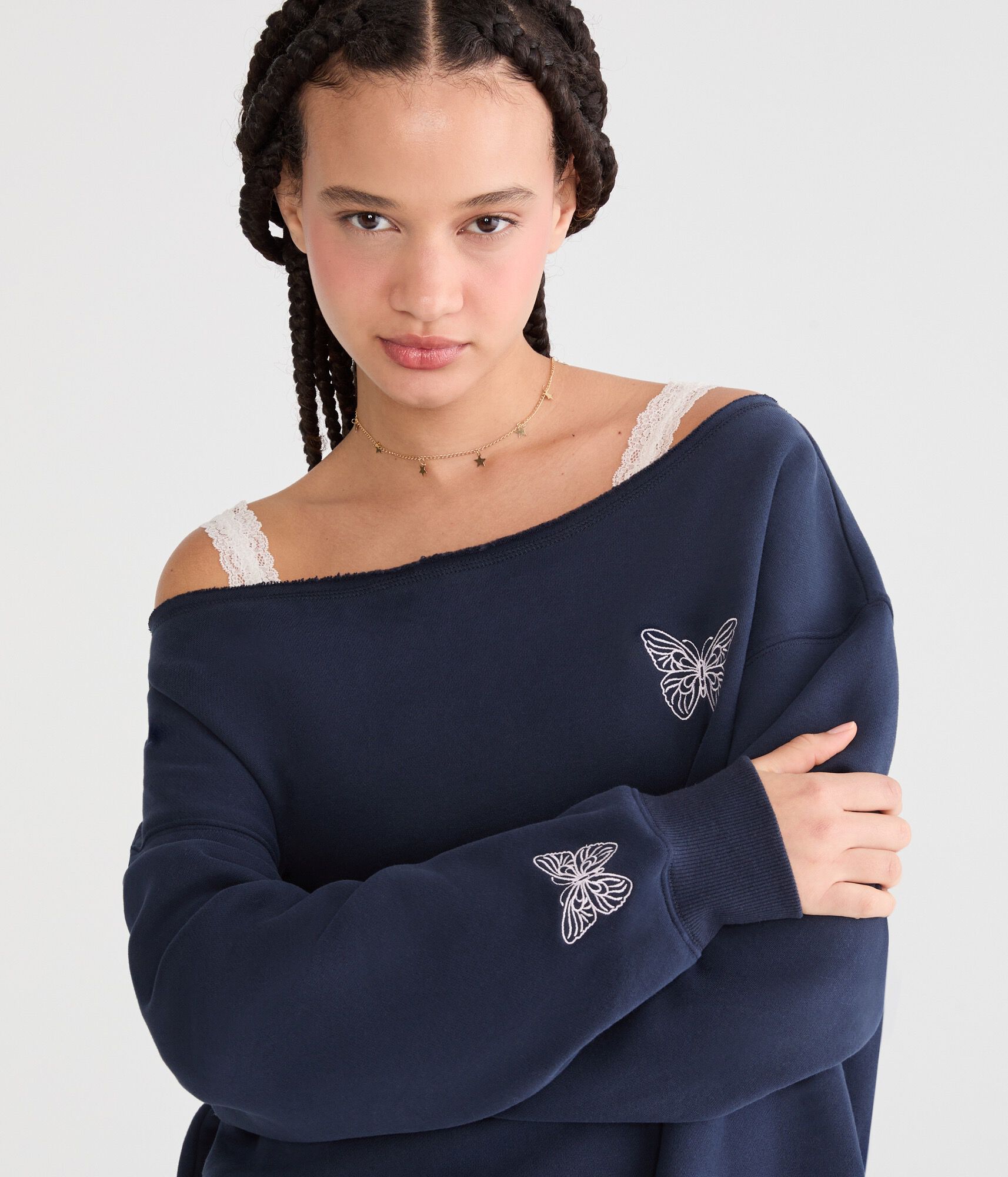 Cloud Soft Butterfly Off-The-Shoulder Sweatshirt