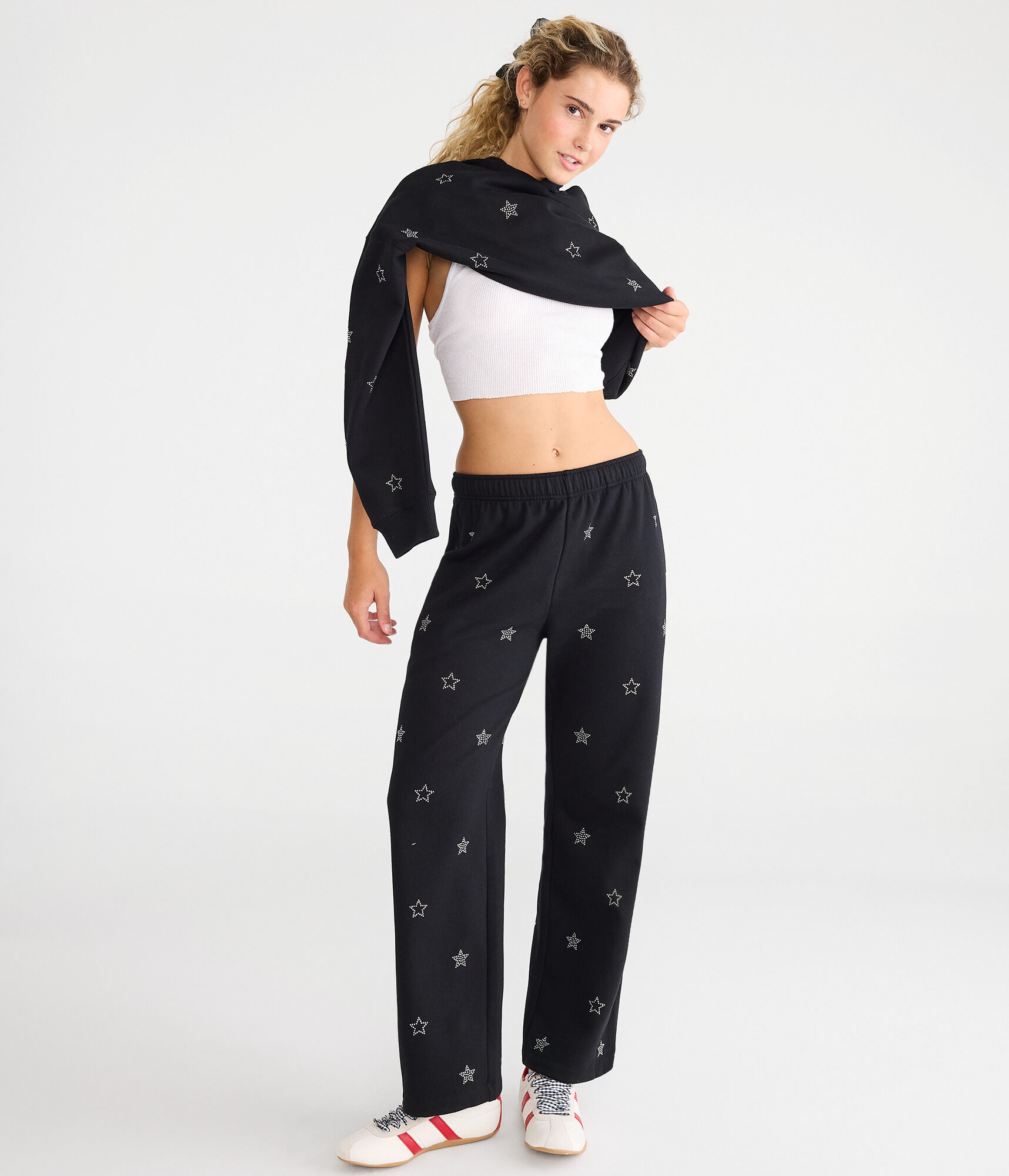 Cloud Soft Rhinestone Stars High-Waisted Wide Leg Sweatpants