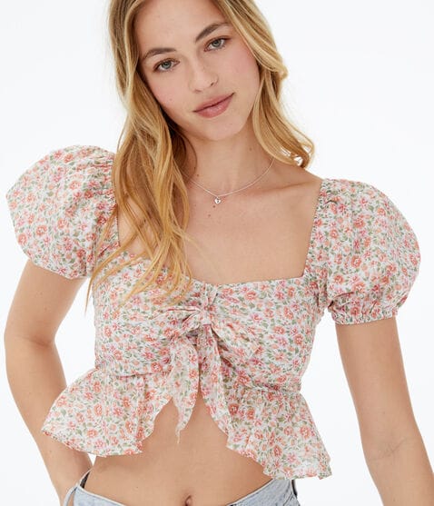 Floral Puff Sleeve Crop Top