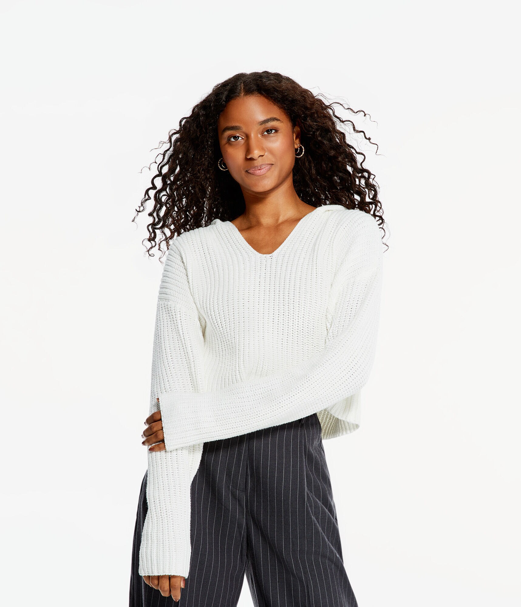 Solid Hooded Cropped V-Neck Sweater