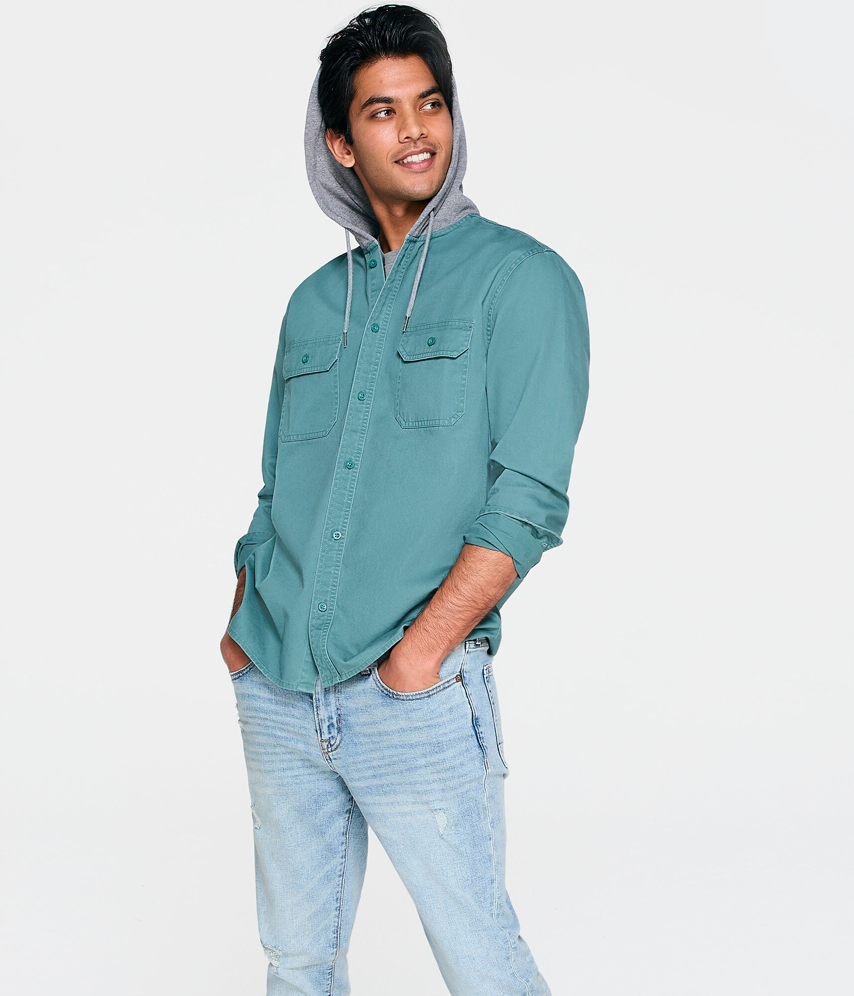 Long Sleeve Hooded Twill Button-Down Shirt