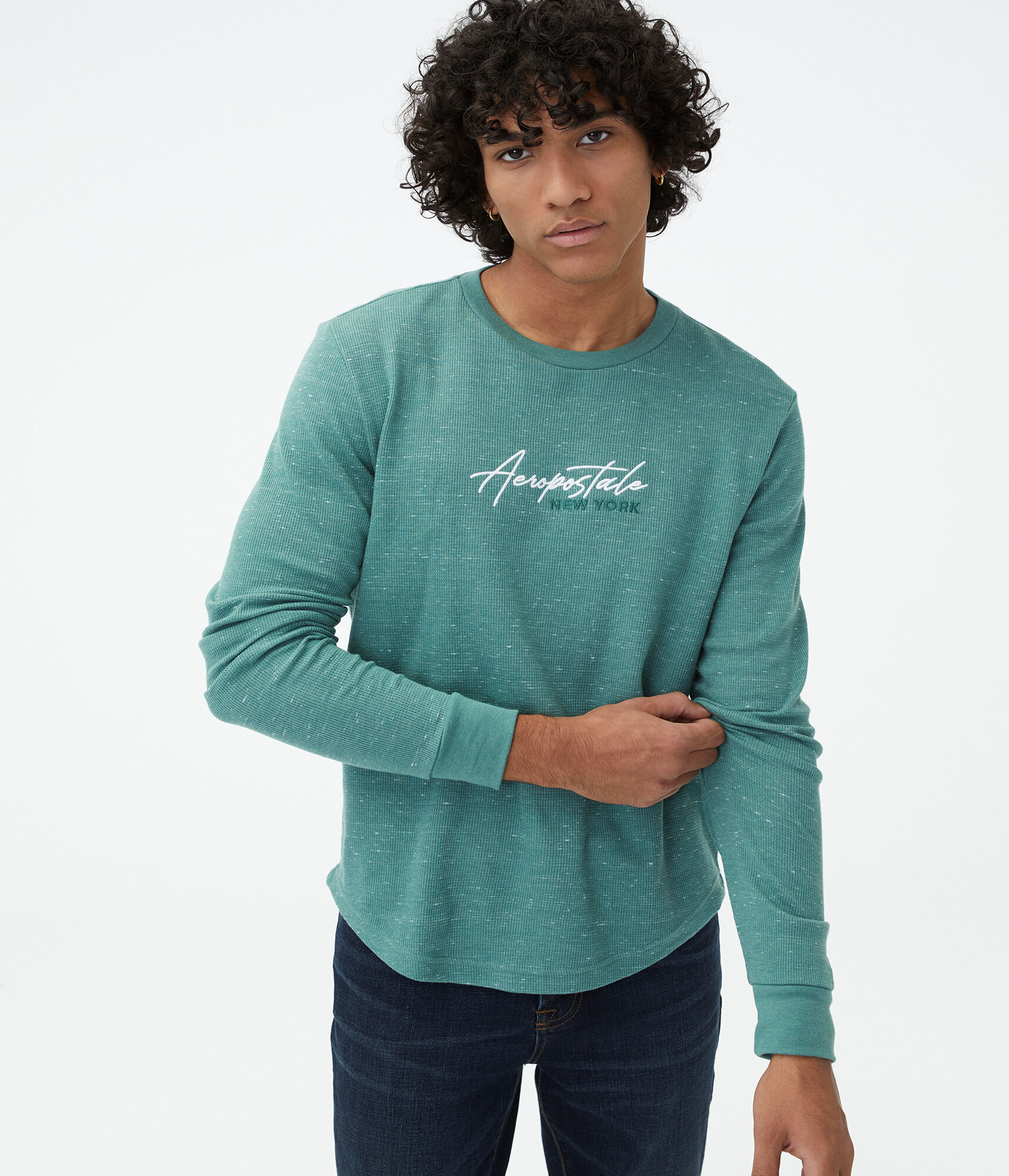 Long Sleeve Script Logo Curved Hem Thermal Graphic Tee