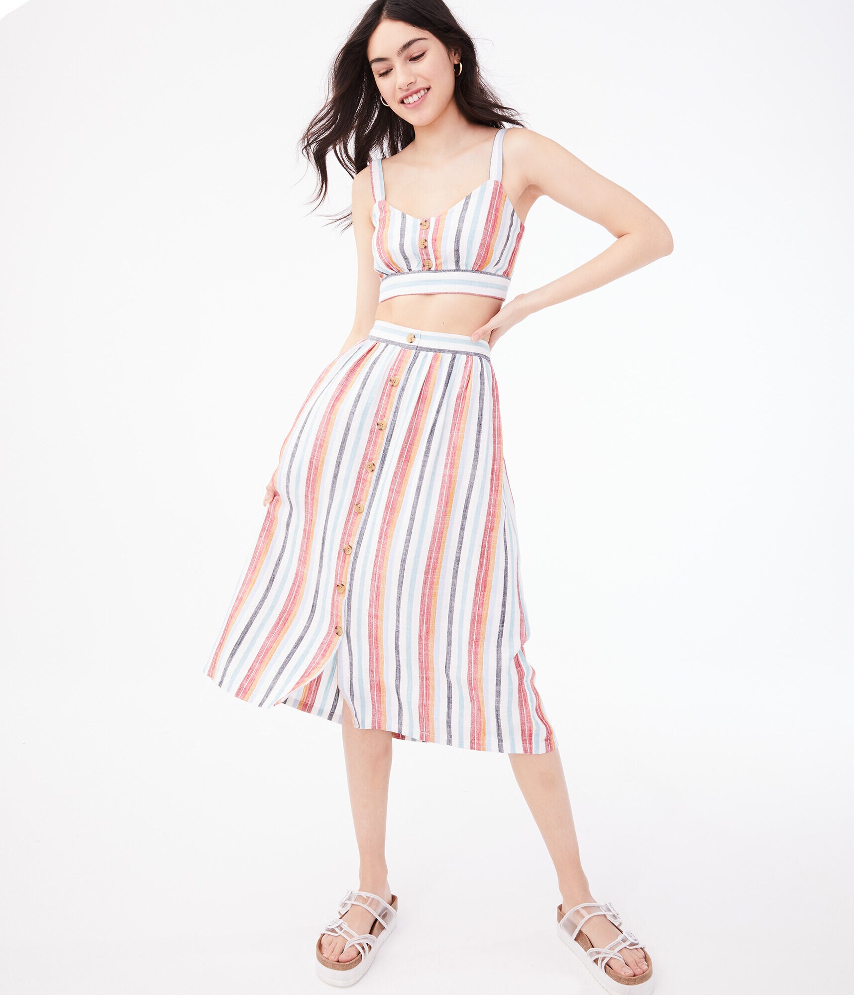 Striped Button-Front Midi Skirt