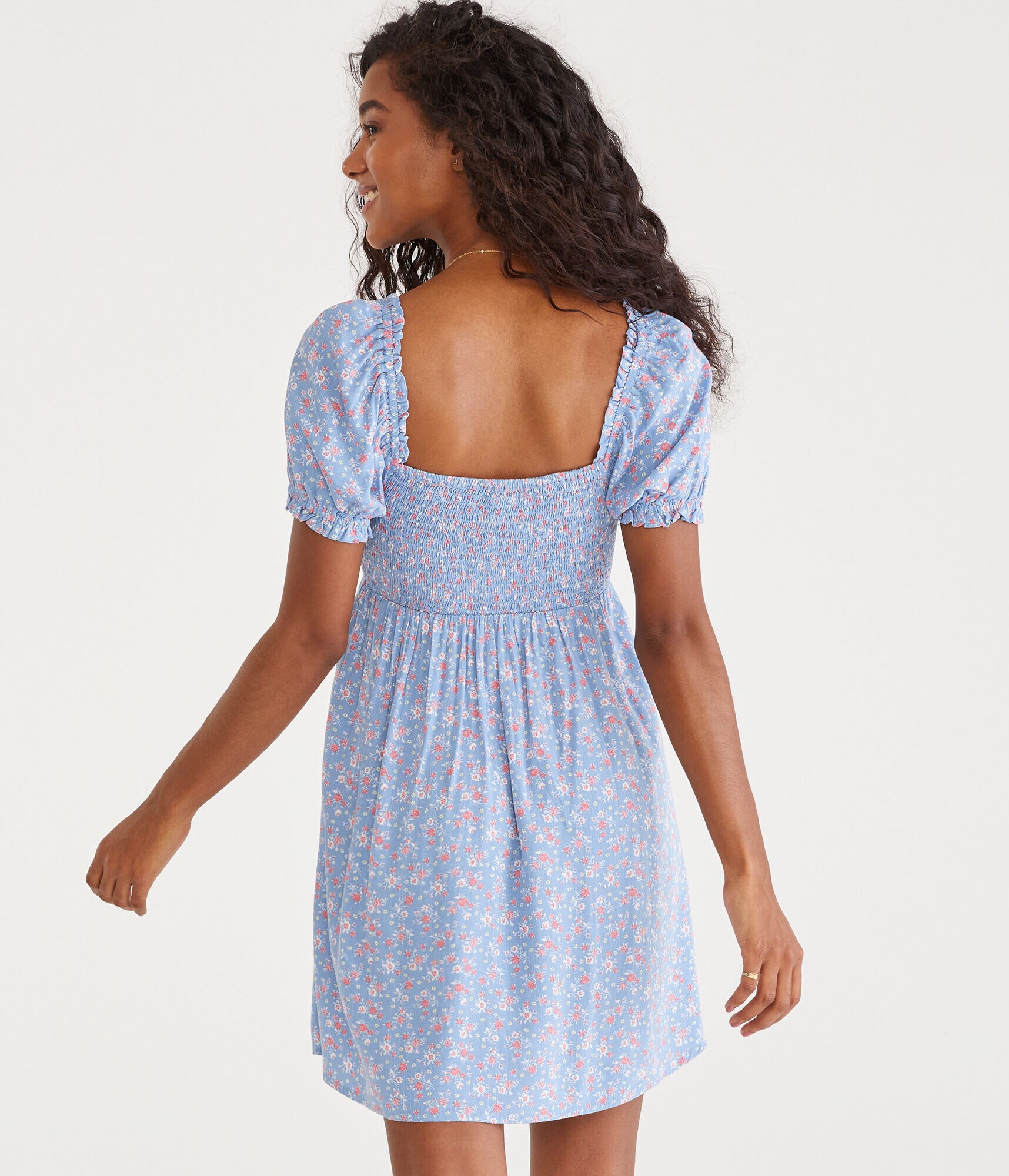 Floral Square-Neck Smocked Mini Dress