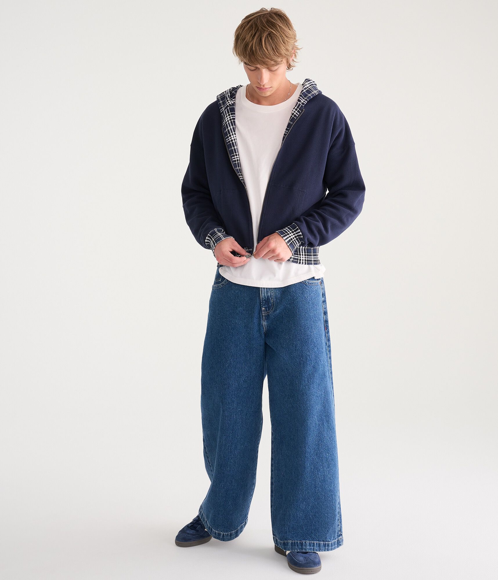 Cloud Soft Plaid Reversible Boxy Full-Zip Hoodie