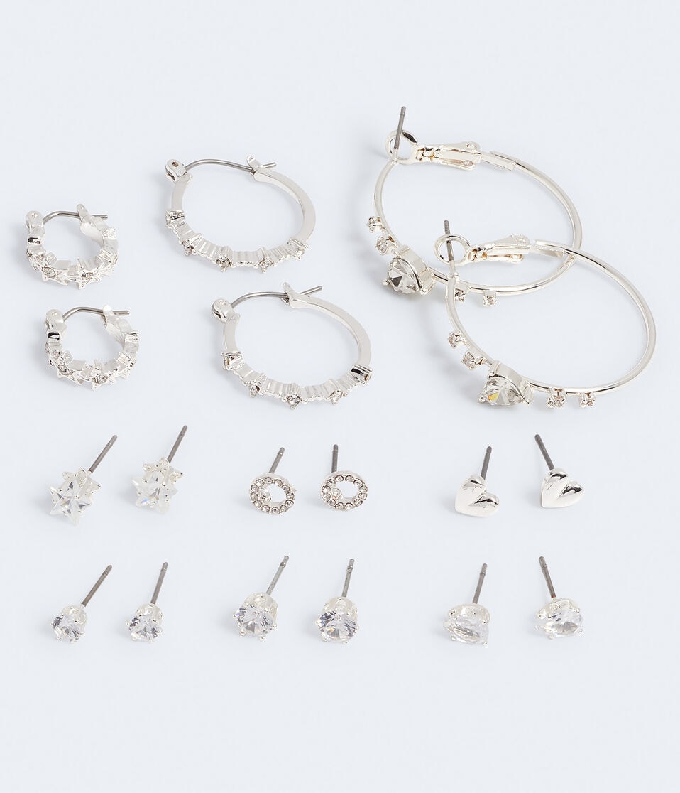 Cubic Zirconia Sparkler Stud & Hoop Earring 9-Pack