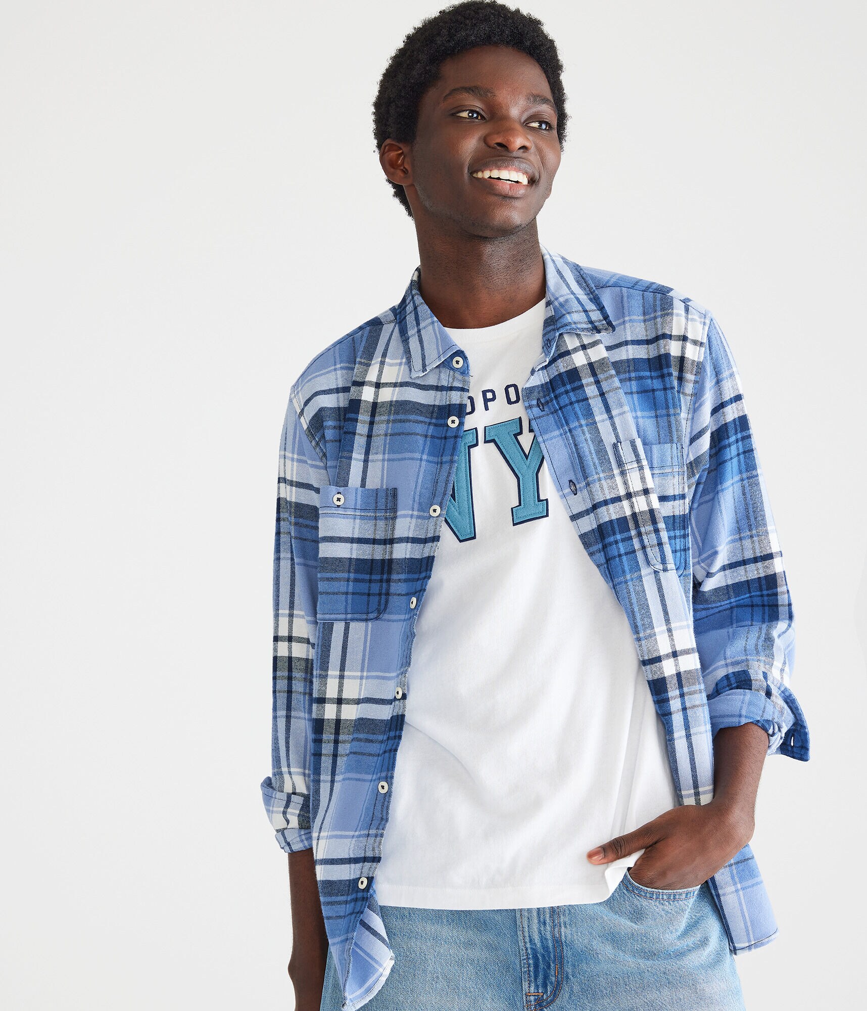 Long Sleeve Relaxed Washed Plaid Flannel Shirt