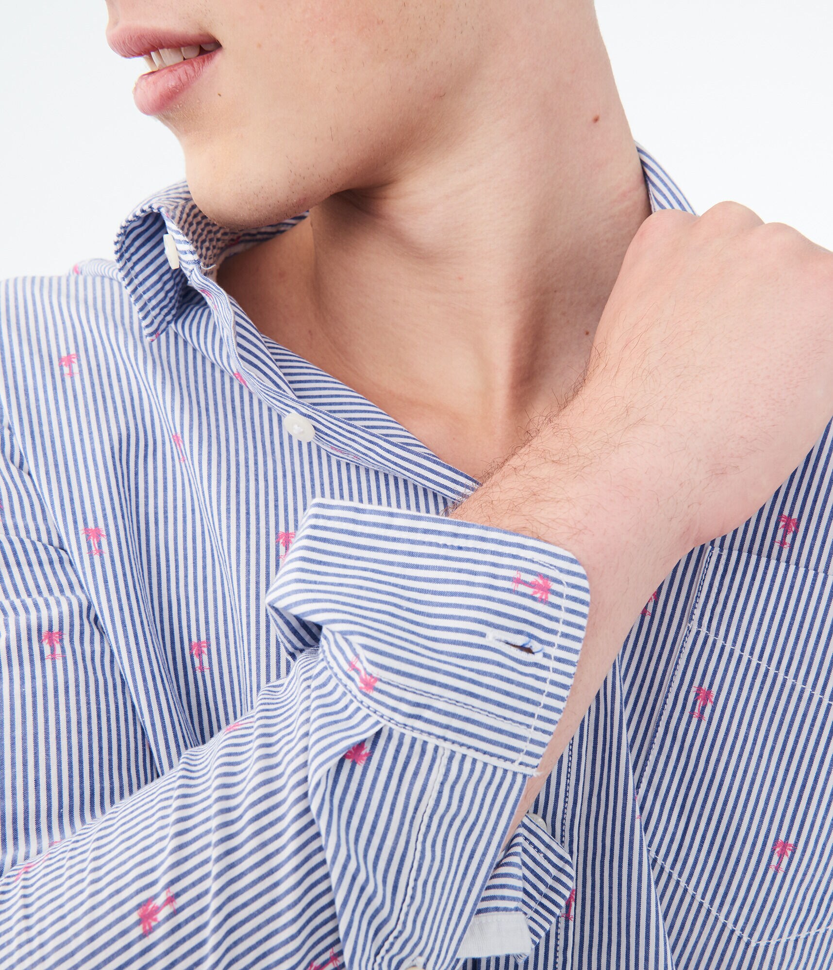 Long Sleeve Palm Tree Striped Woven Shirt