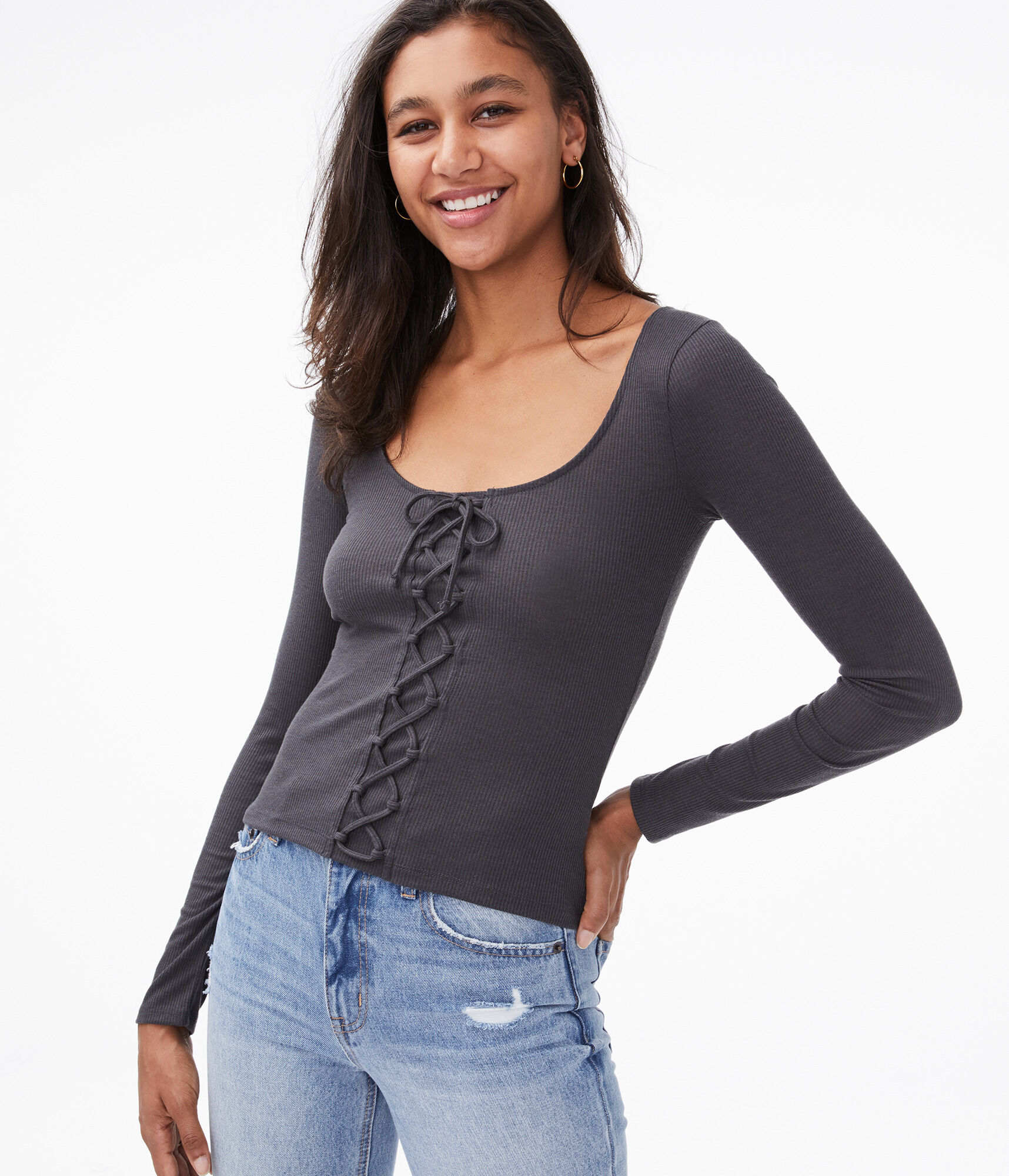 Long Sleeve Lace-Up Bodycon Top