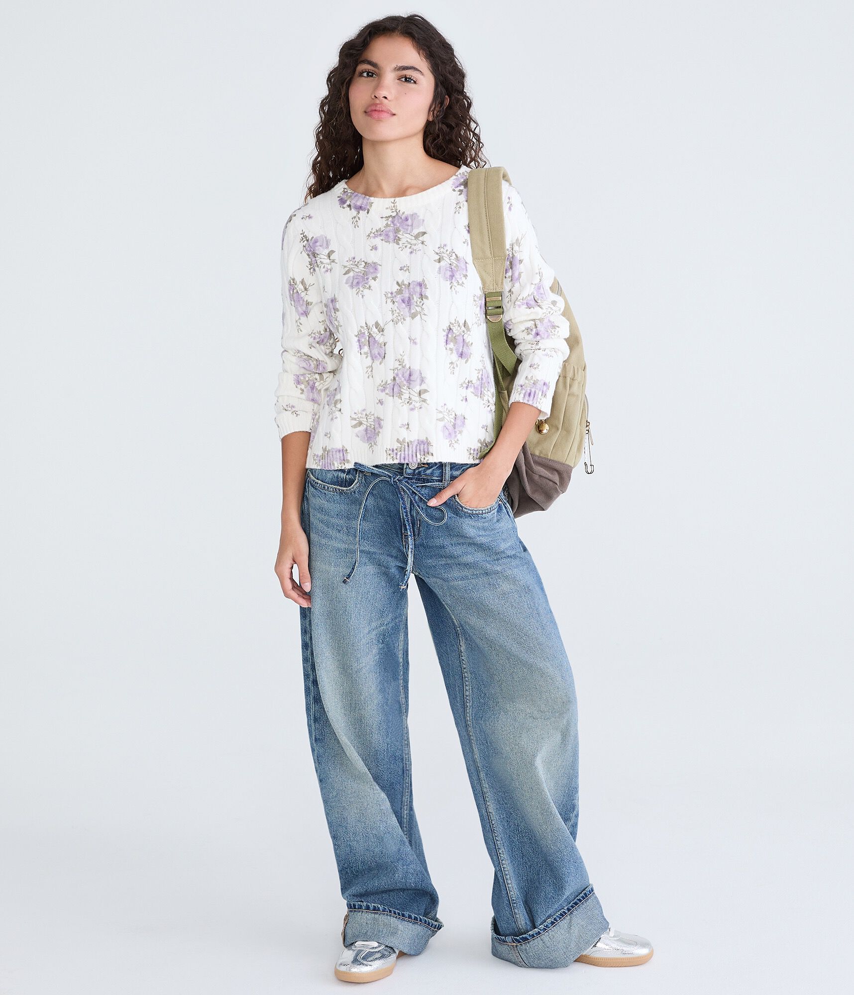 Floral Cable Knit Crew Sweater