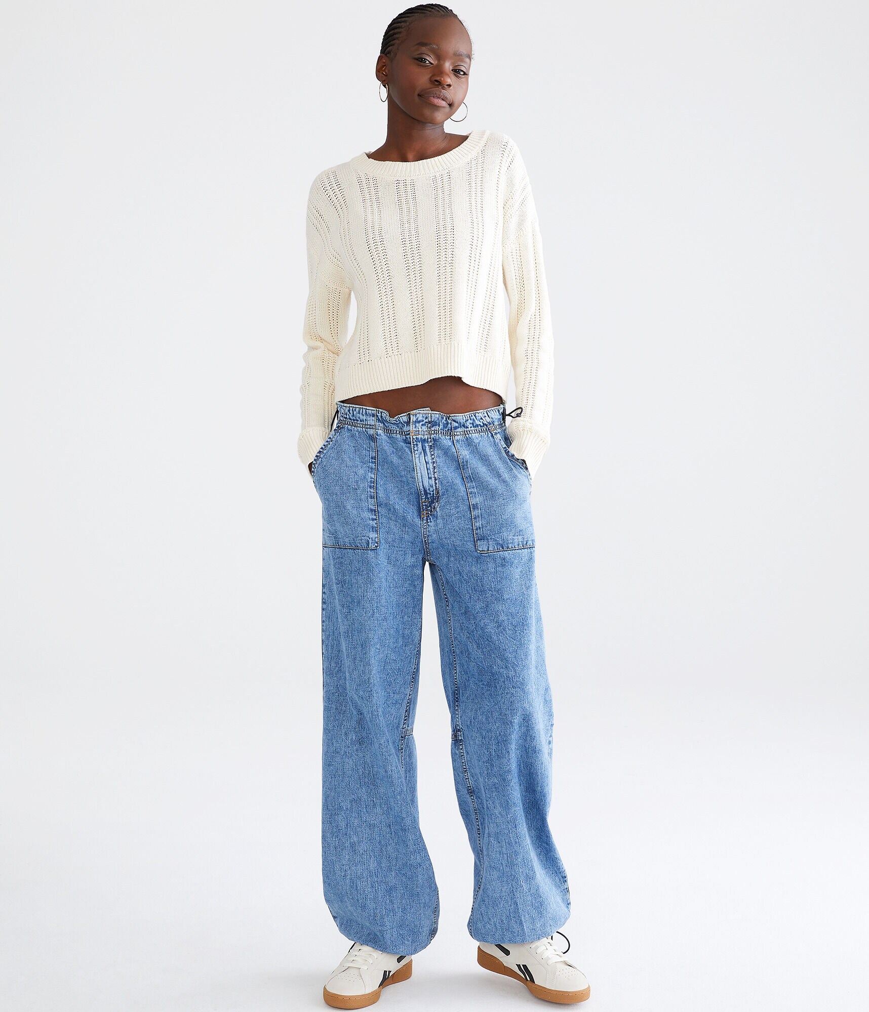 Low-Rise Denim Parachute Pants