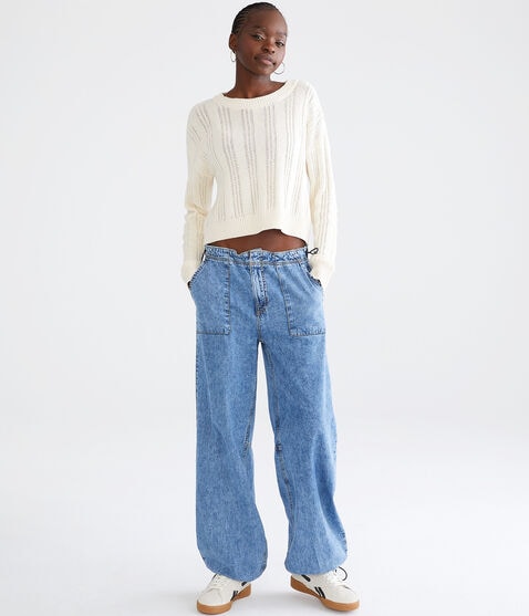 Low-Rise Denim Parachute Pants