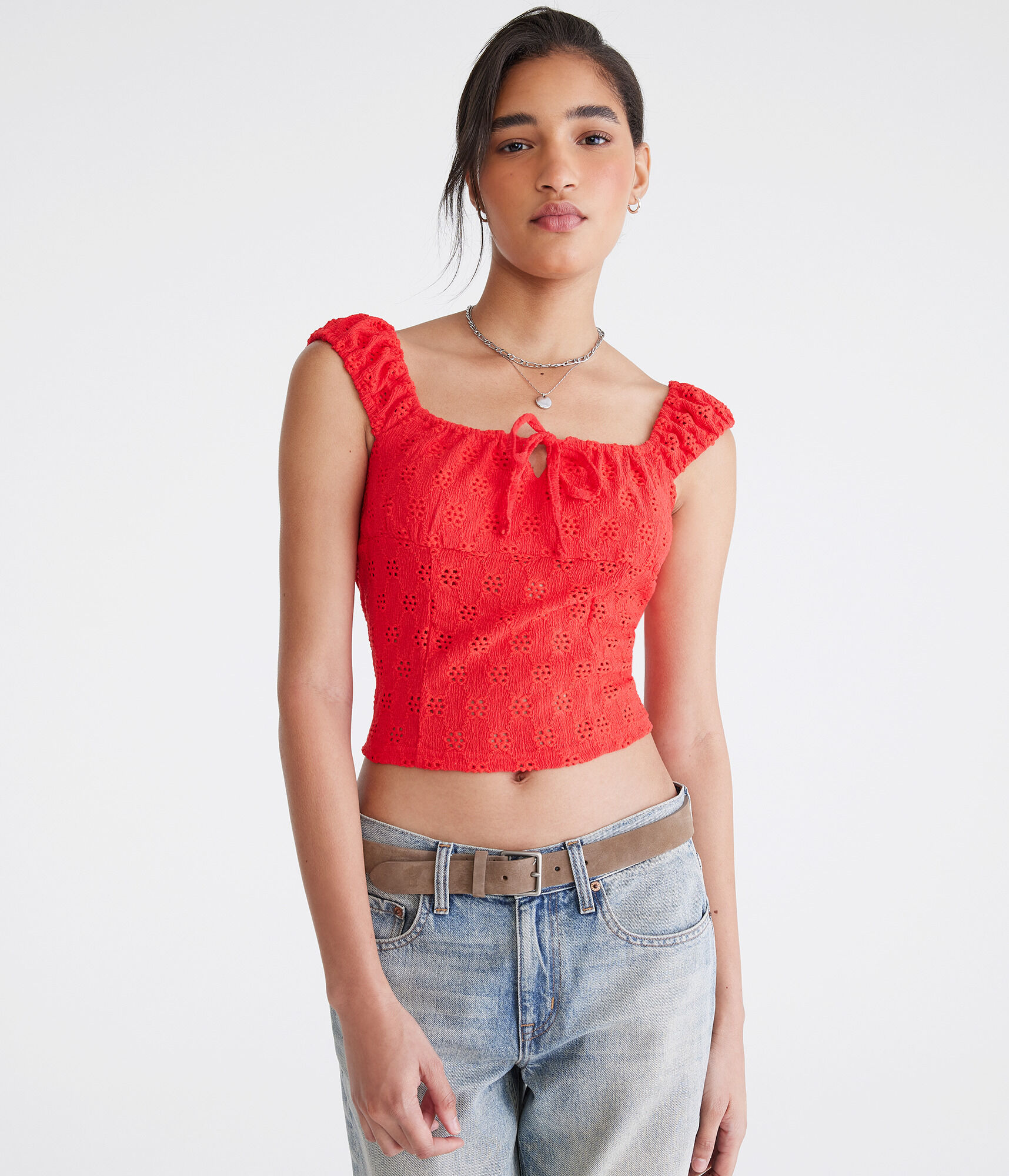 Eyelet Square-Neck Crop Top