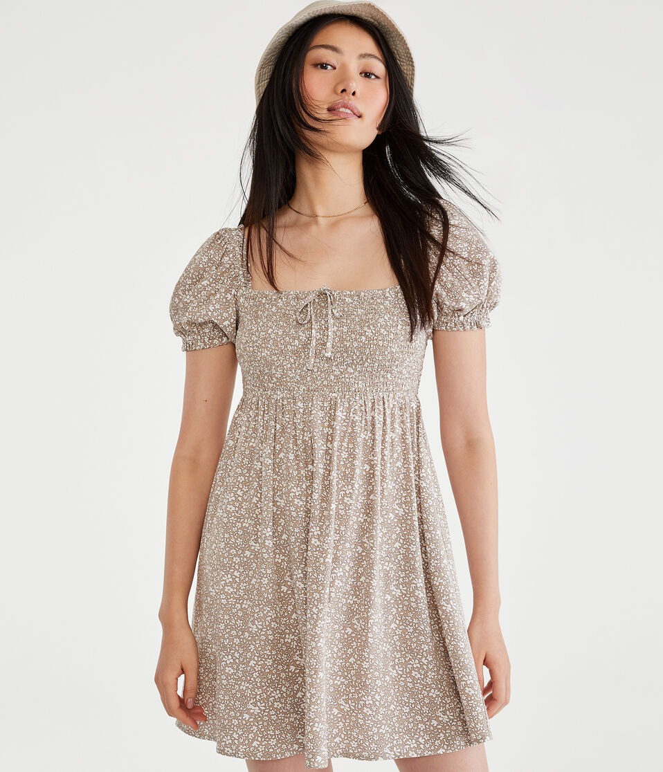Floral Square-Neck Smocked Mini Dress