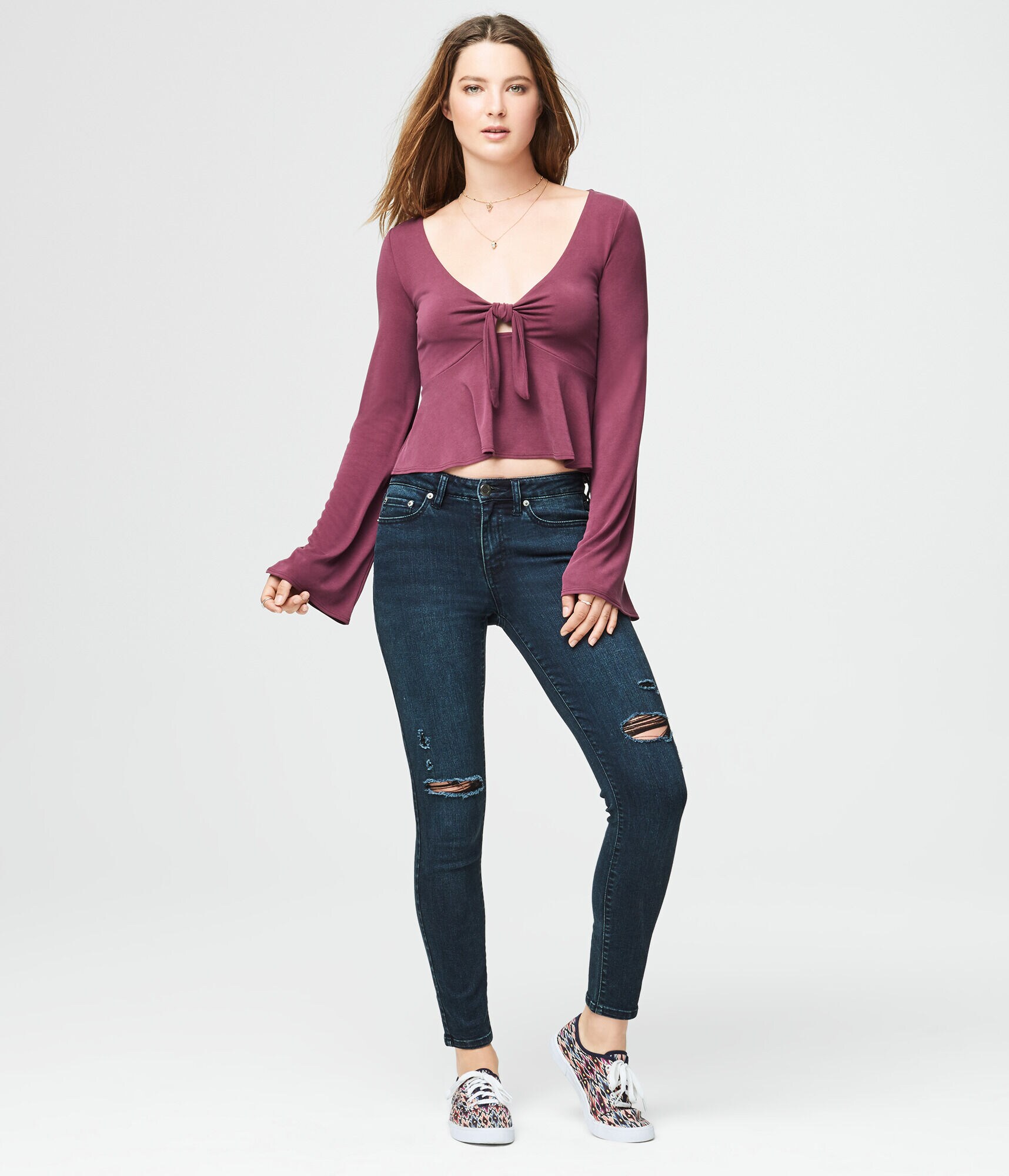 Long Bell Sleeve Tie-Front Top