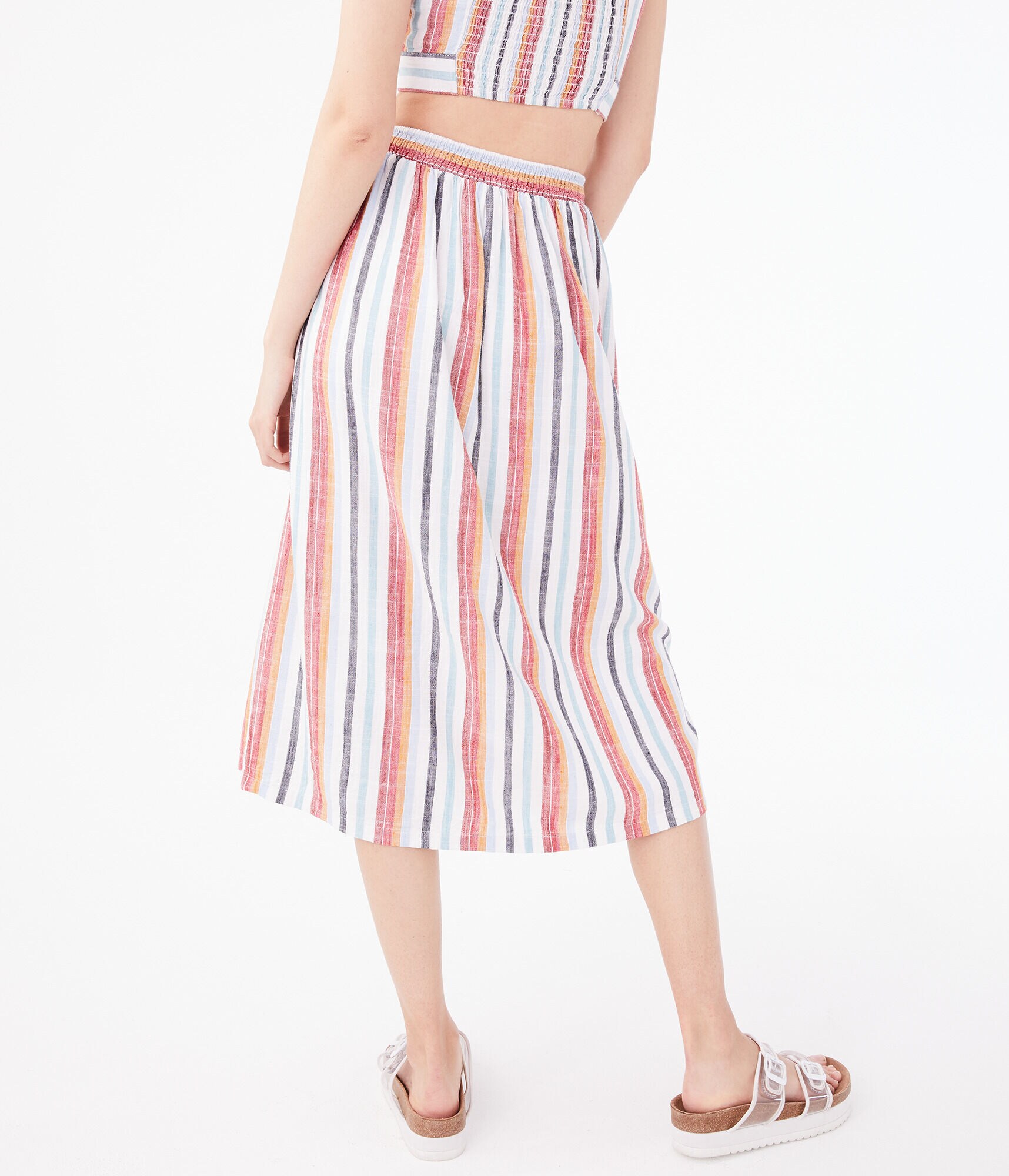 Striped Button-Front Midi Skirt