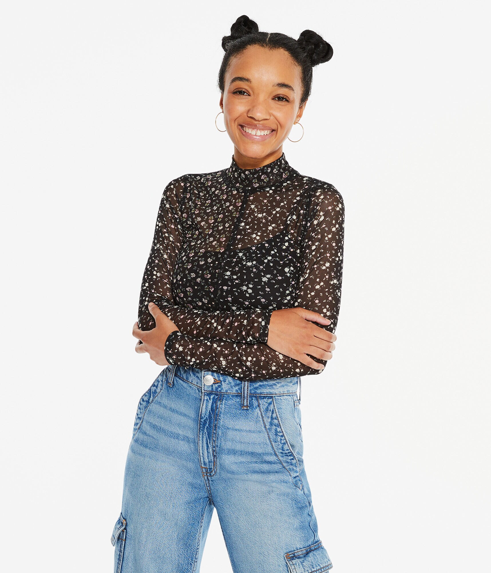 Aeropostale Womens' Long Sleeve Spliced Floral Mesh Mock-Neck Crop Top - Black - Size Xs - Polyester - Teen Fashion \u0026 Clothing - Shop Holiday Gifts