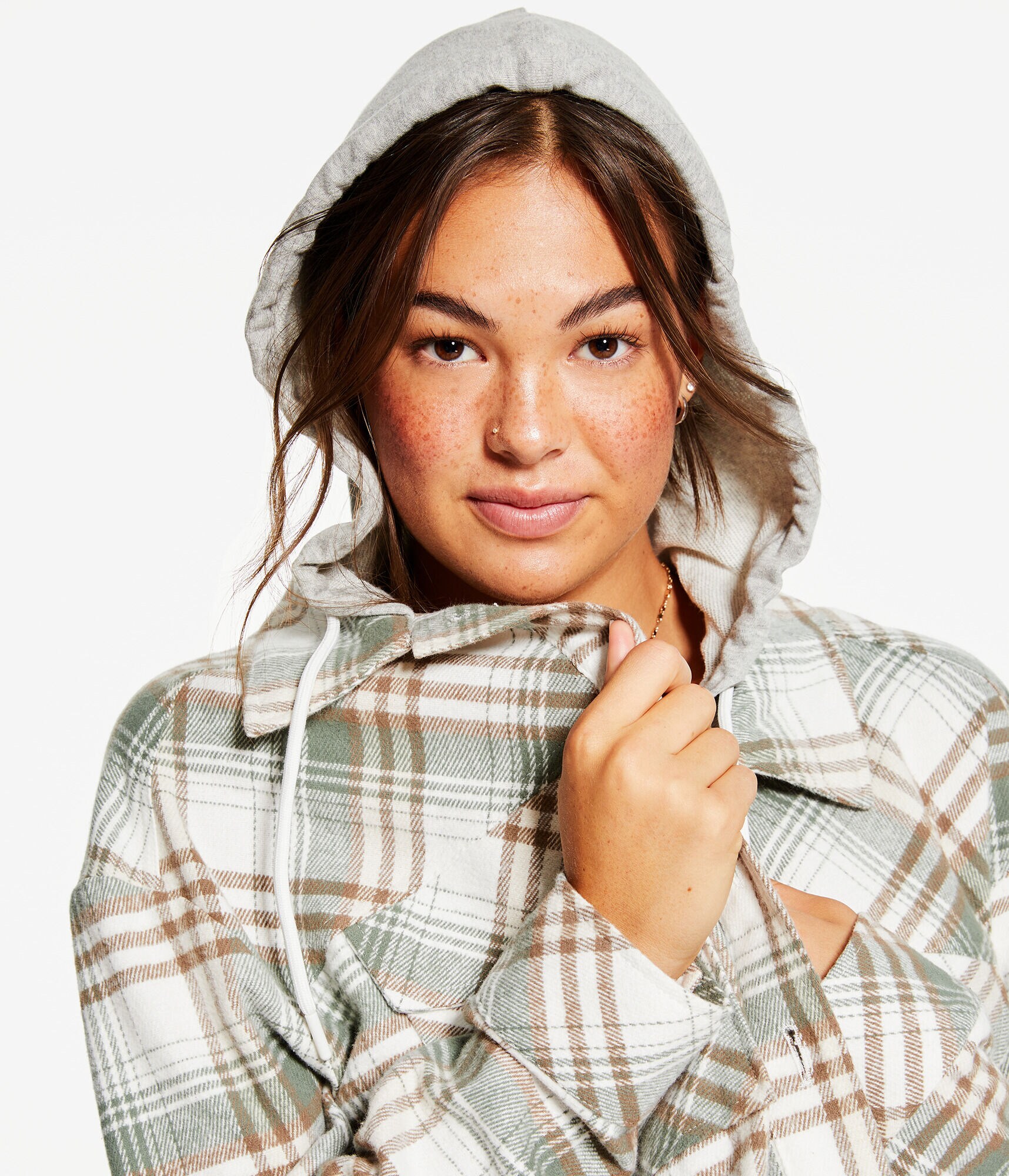 Plaid Flannel Hooded Cropped Shacket