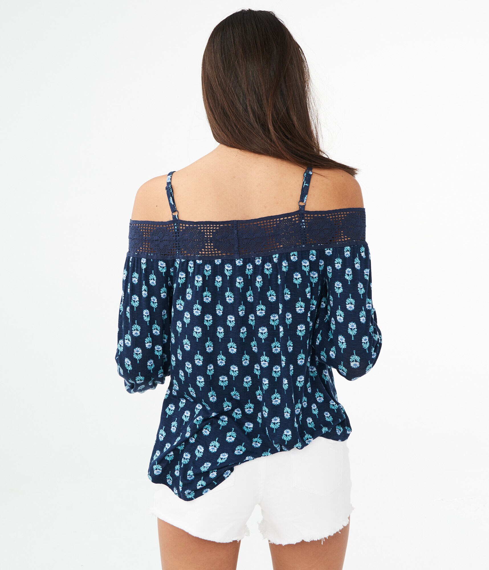 Printed Cold-Shoulder Peasant Top