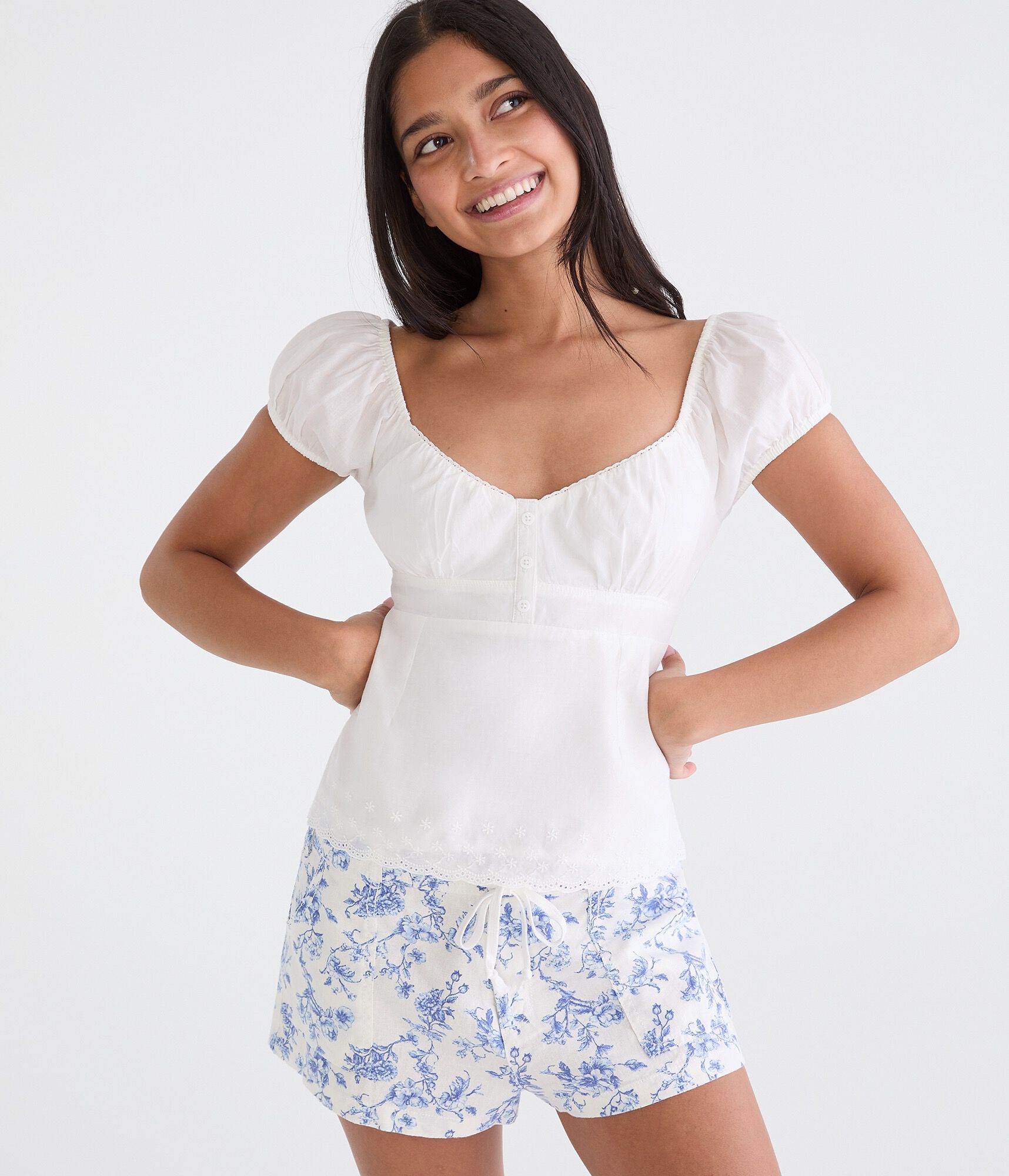 Eyelet Tie-Back Babydoll Top