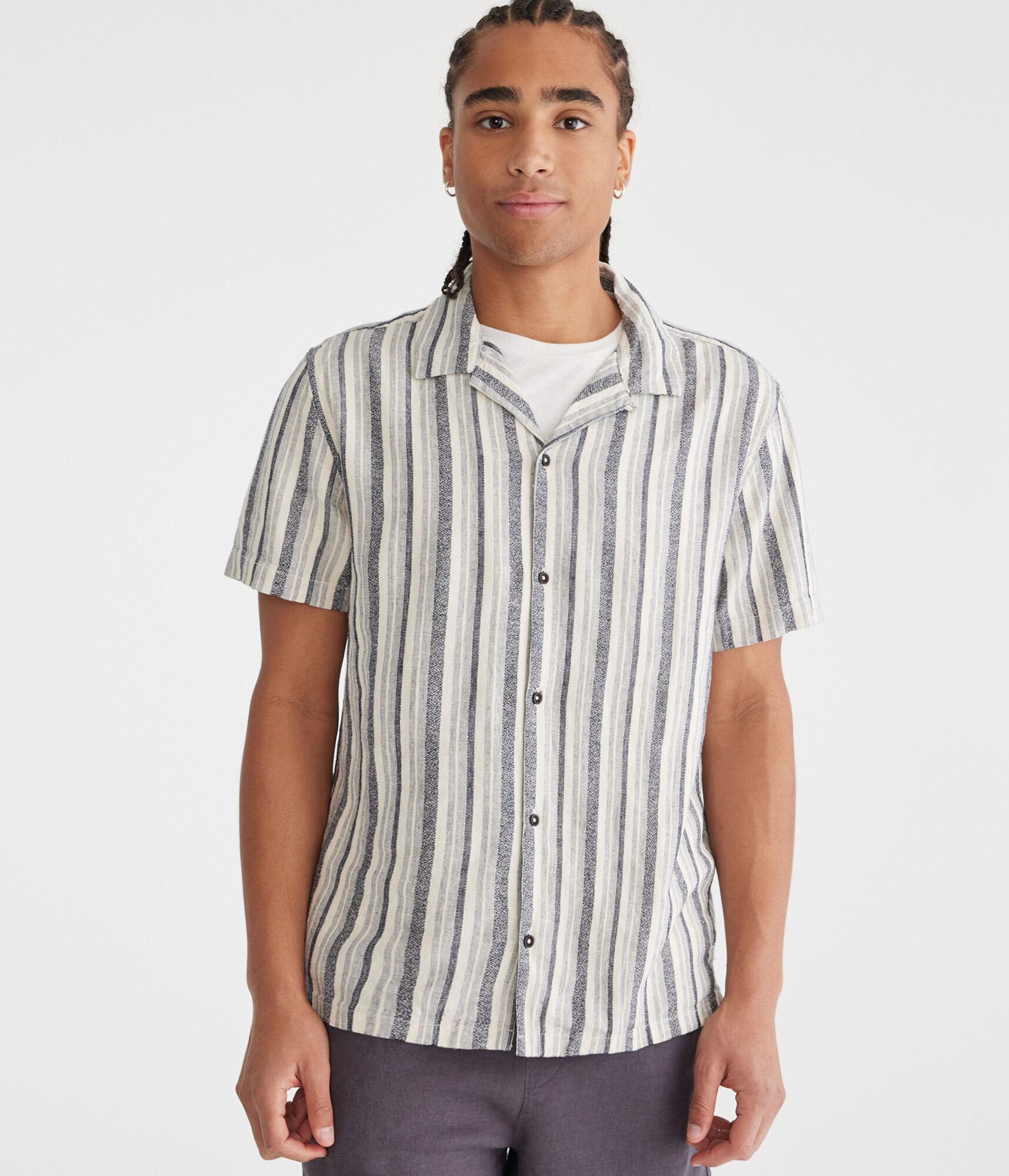 【MODERNIF】Attem stripe short sleeve shirt FRAME Cotton Button Down Striped Short Sleeve Shirt