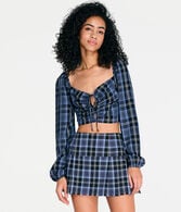 Long Sleeve Plaid Double-Keyhole Crop Top