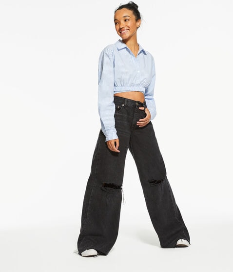 Long Sleeve Striped Wrap-Tie Cropped Shirt Long Sleeve Striped Wrap-Tie Cropped Shirt