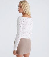 Long Sleeve Floral Pointelle Open-Neck Tee