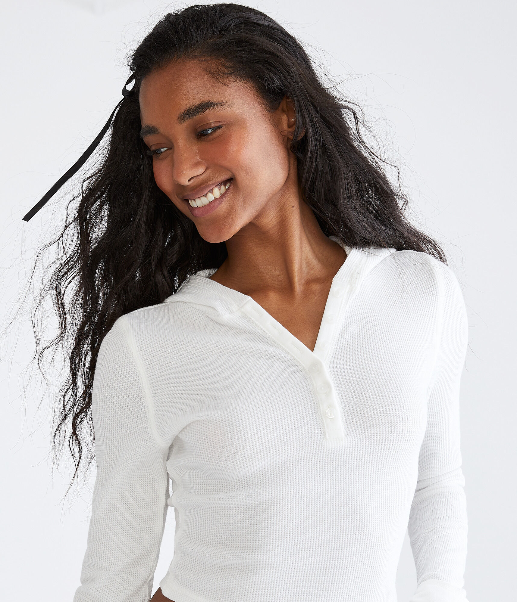 Long Sleeve Cropped Hooded Waffle Henley