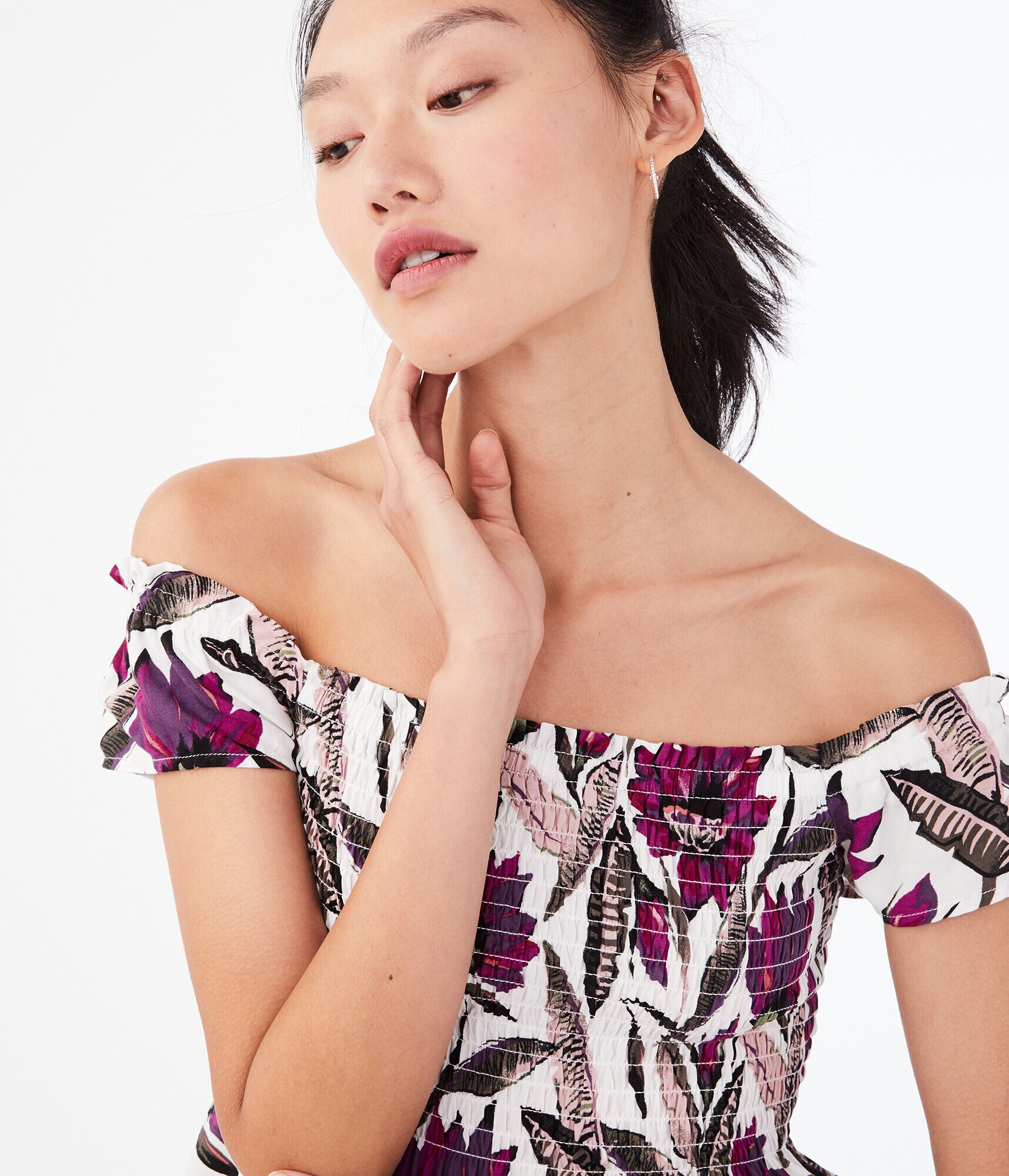 Tropical Off-The-Shoulder Babydoll Top