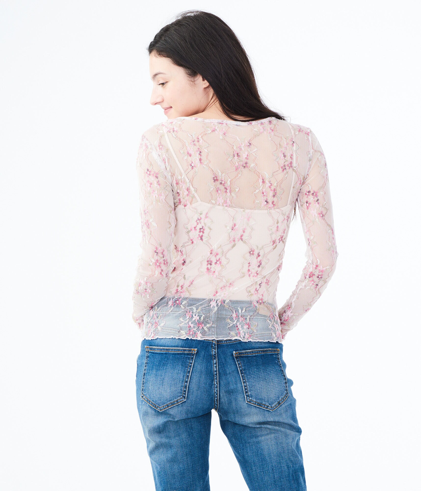 Long Sleeve Embroidered Mesh Top