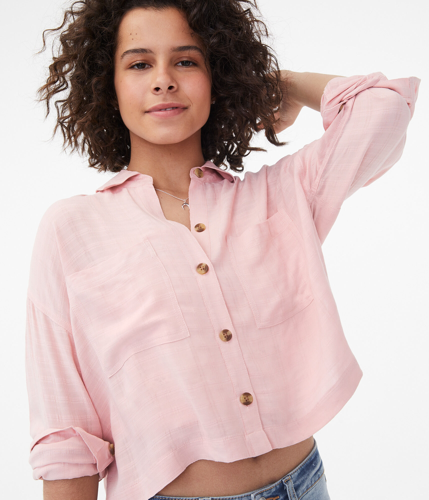 Long Sleeve Cropped Button-Down Shirt