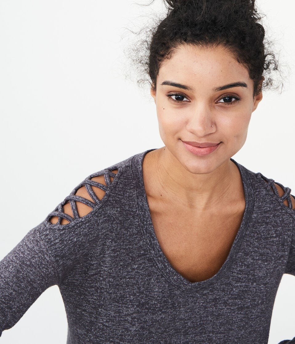 Long Sleeve Lattice-Sleeve V-Neck Top***