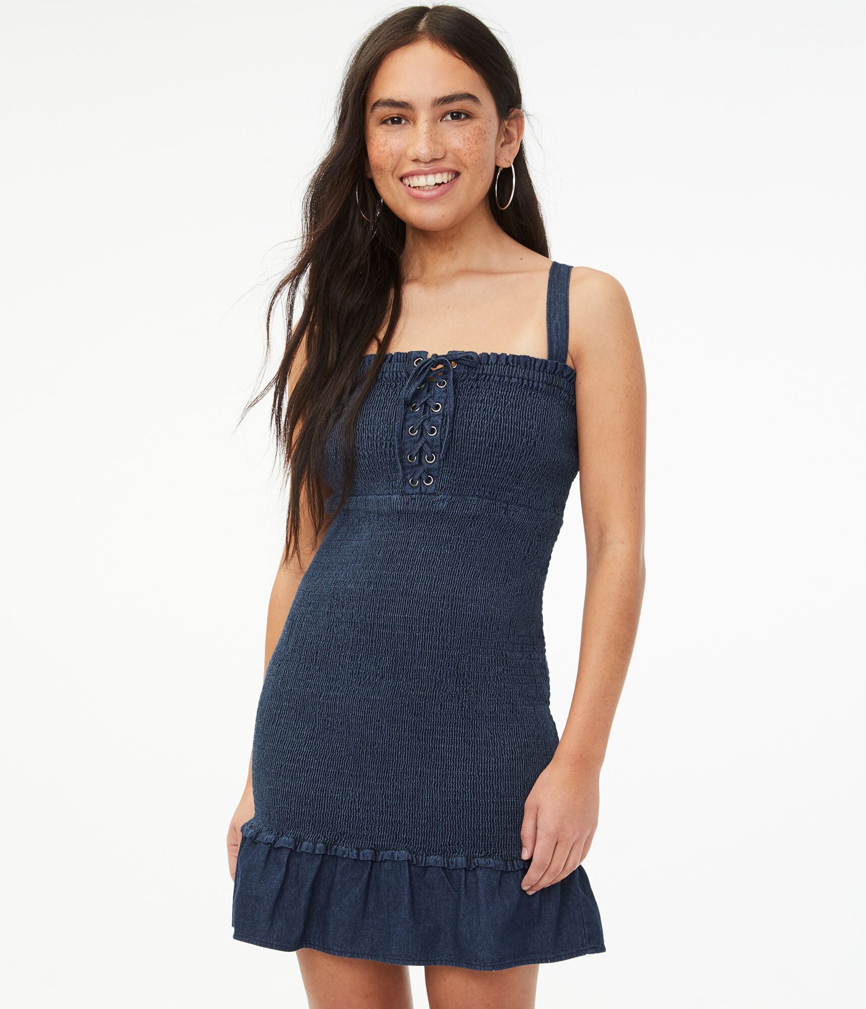 Denim Smocked Lace-Up Bodycon Dress